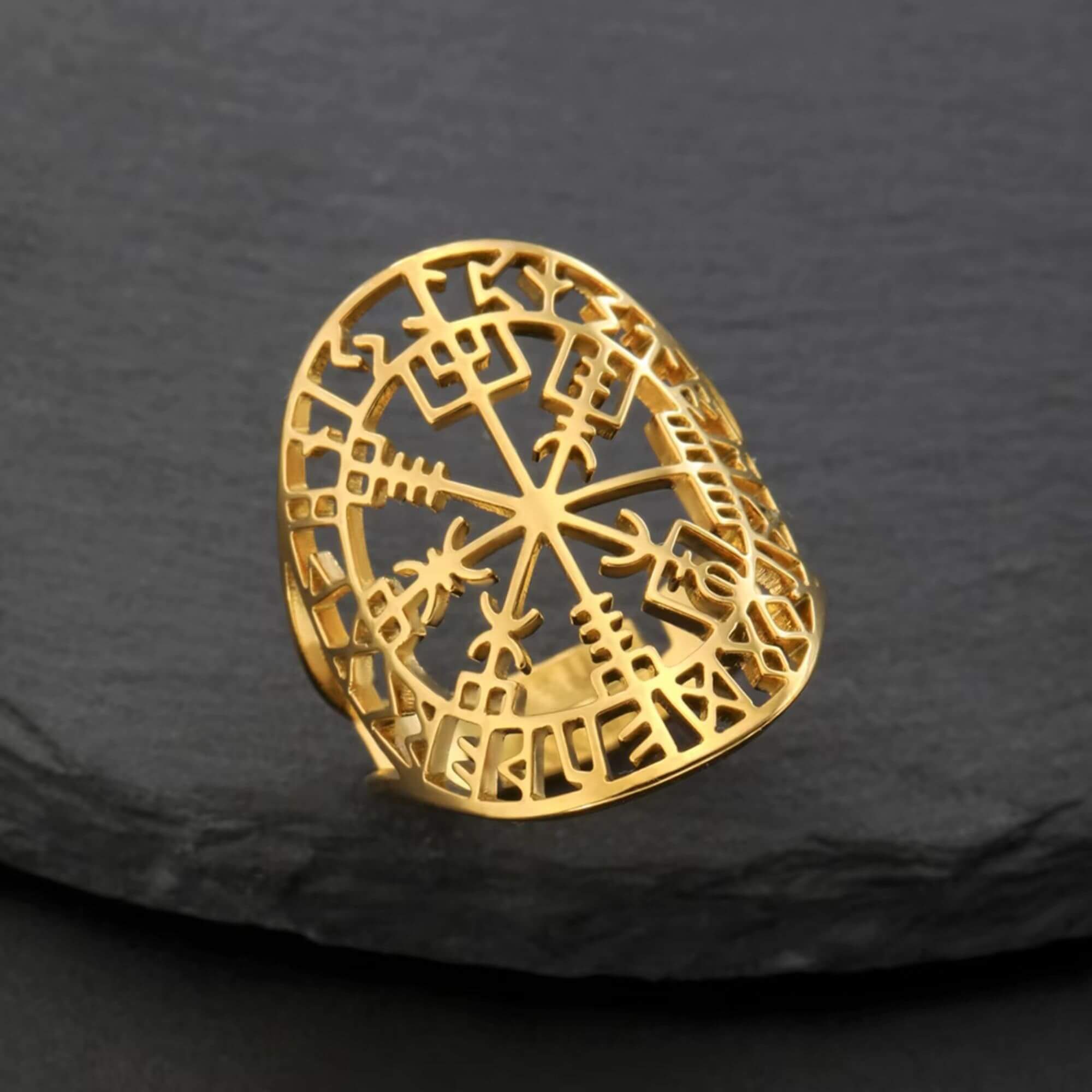 Adjustable Vegvisir and Runes Ring