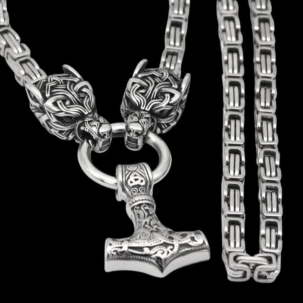 Geri und Freki halten Mjölnir Kings Chain Halskette