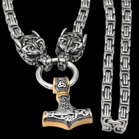 Geri and Freki Holding Mjölnir Kings Chain Necklace