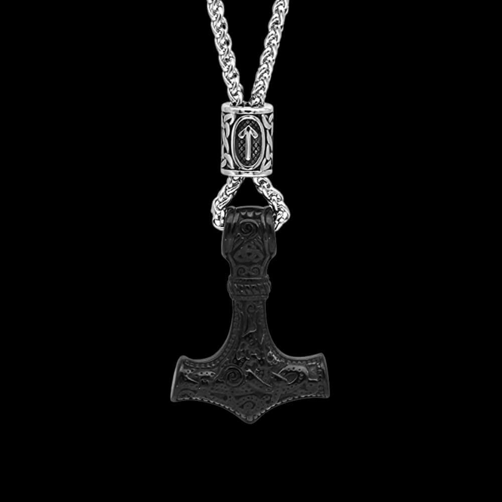 Thor's Hammer Viking Necklace with Rune Bead
