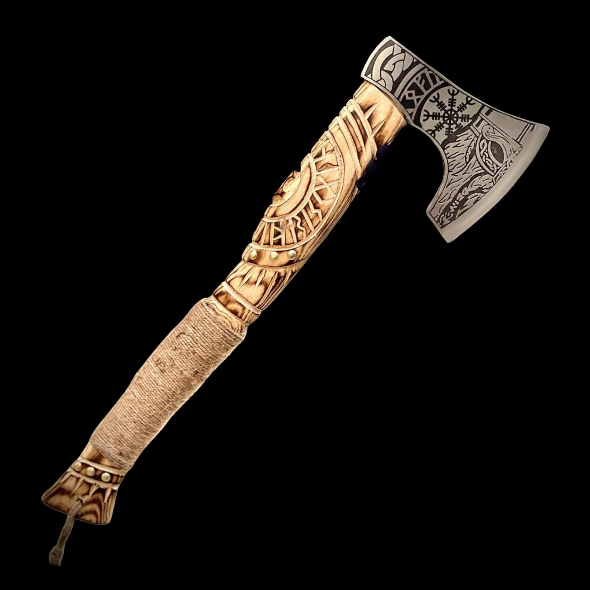 Hacha de batalla vikinga con símbolos nórdicos grabados